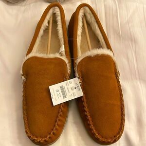 CAMEL COLOR SUEDE SLIPPERS.  NEW WITH TAGS.   FLUFFY, COMFY